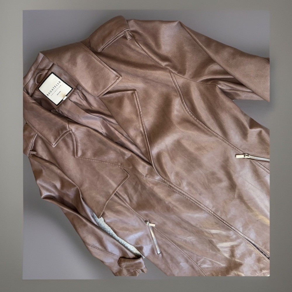 NWOT Bagatelle Brown Faux Leather Long Moto Jacket Zip Pockets Women's Size XL - Picture 4 of 13